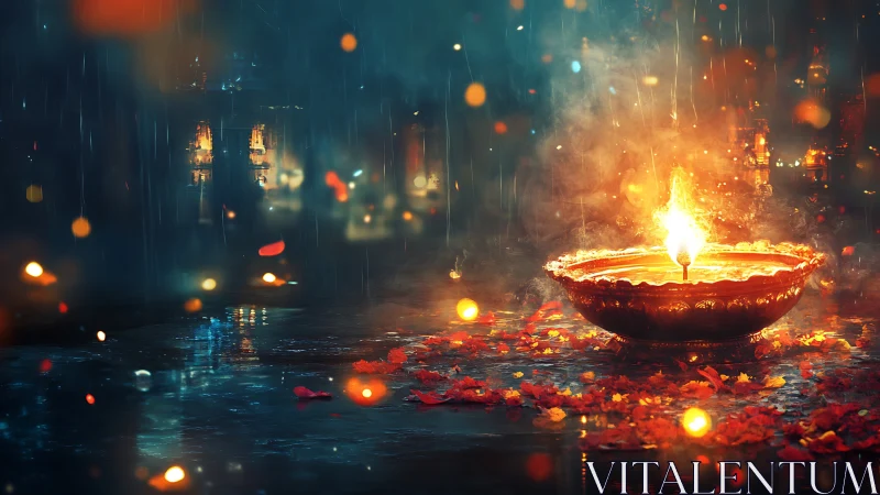 Large metal oil lamp burns on wet ground amid scattered leaves