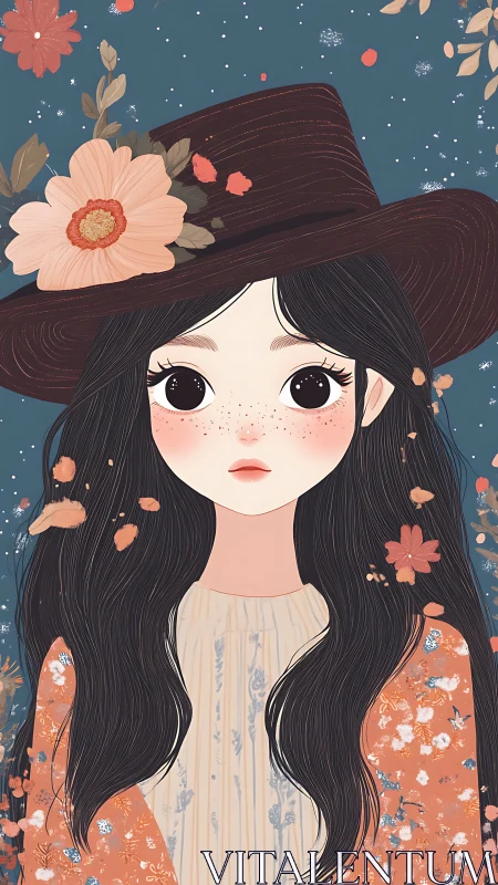 Girl in floral hat gazes forward amid falling petals