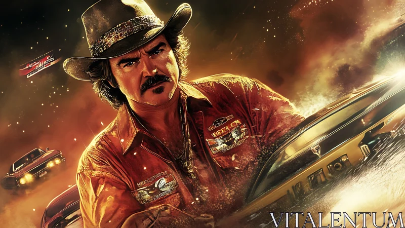 Retro styled driver in desert car race scene portrait.