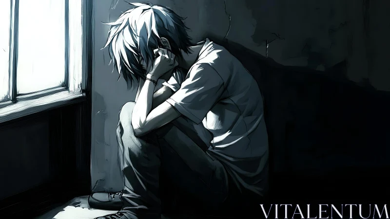 Solitary seated figure leans against a dim interior wall