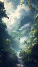 Mystical Jungle Valley: Digital Landscape Through Atmospheric Mist.