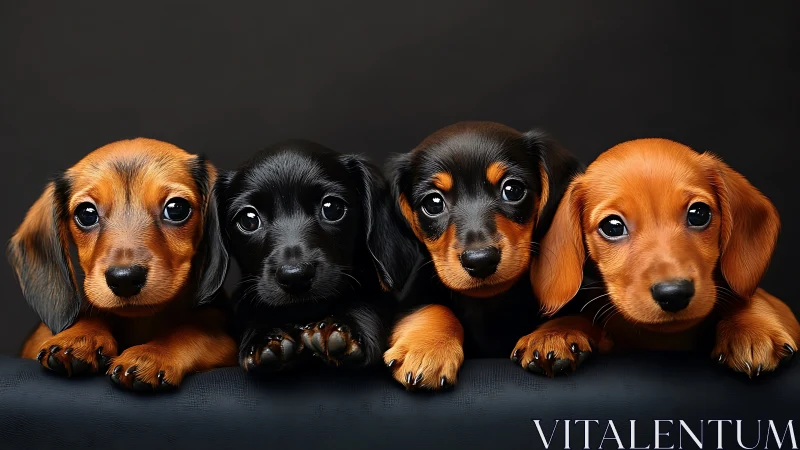 Four dachshund puppies pose under soft studio lighting.