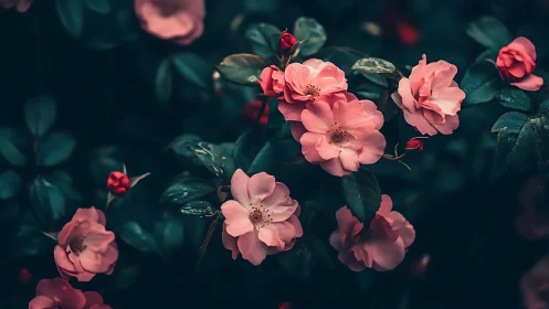 Pink roses with teal foliage background photographed at dusk.