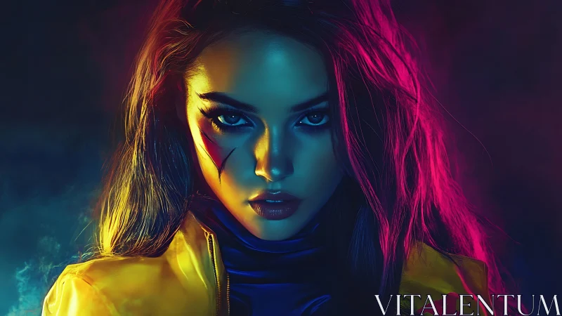 Neon-lit cyber heroine gazing boldly into the night.