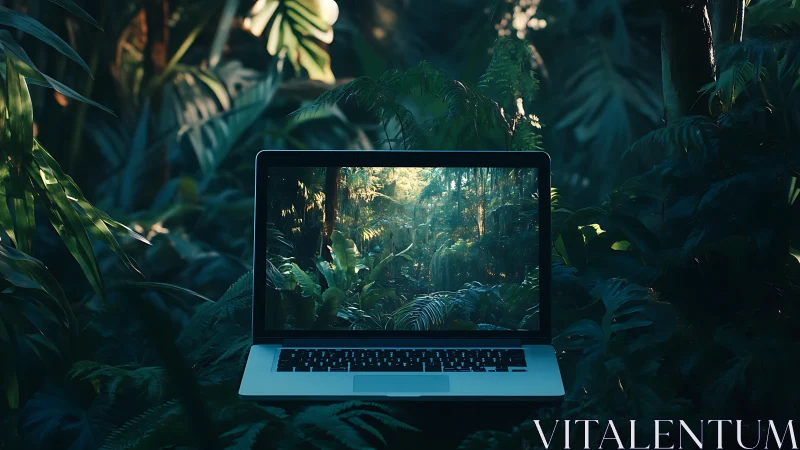 Laptop screen opens a lush digital window into the jungle.
