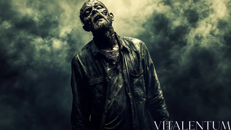 Decayed zombie figure emerging from toxic green fog.