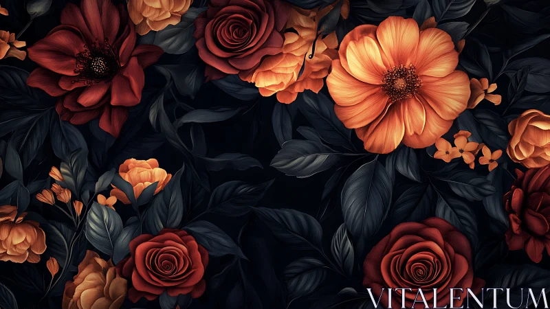 Dark Floral Garden: Red and Orange Blooms.