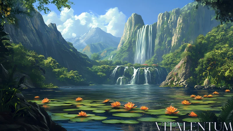 Lily Lantern Lake Beneath Cascading Emerald Cliffs.