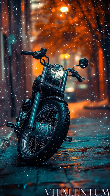 Lone city motorcycle glittering under neon snowfall hush.