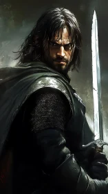 Brooding warrior stands ready with steel and steady resolve.