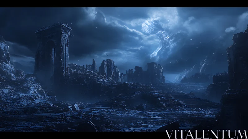 Ancient ruined city lies under a stormy, moonlit sky