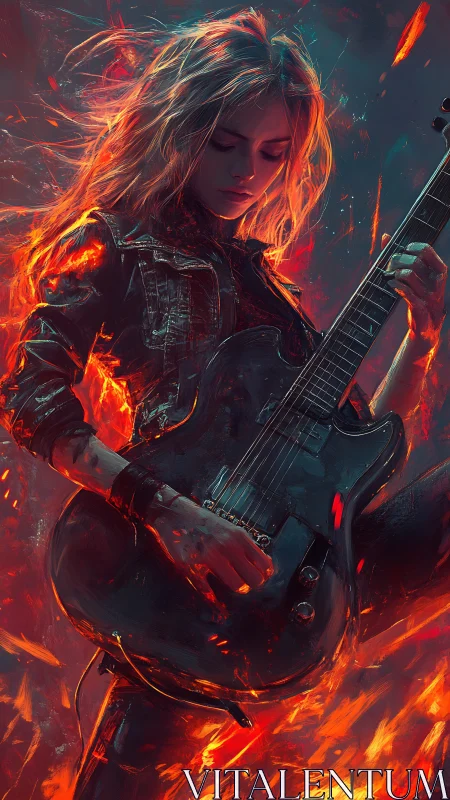 Guitarist stands amid erupting flames with molten lighting