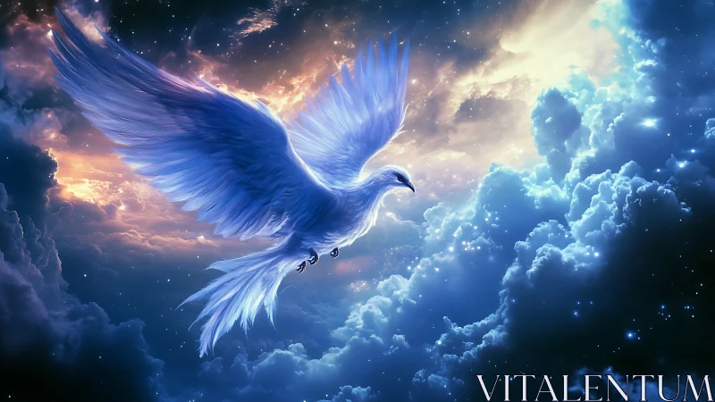 Shimmering celestial dove ascending through radiant nebulae.