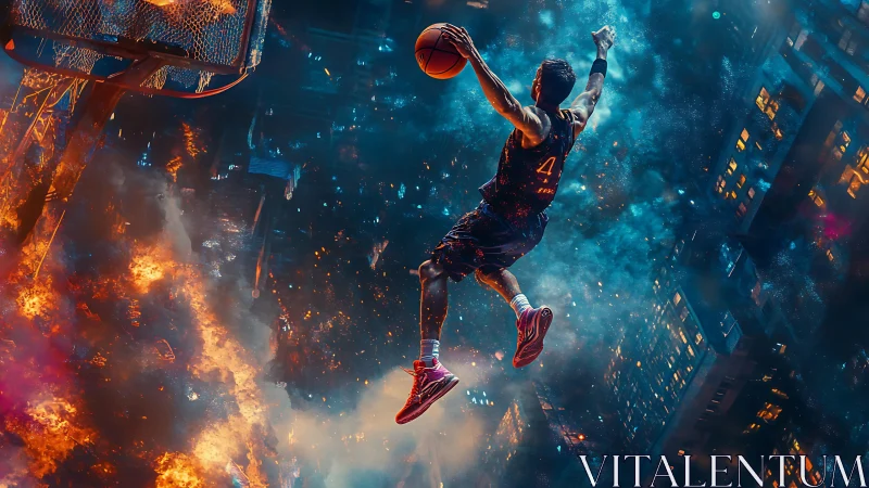 Basketball player dunks above fiery city nightscape.