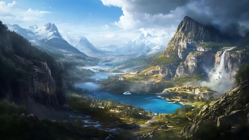 Vast alpine valley unfolds around radiant turquoise lake.