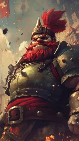 Proud red-bearded dwarf warrior stands watch over his city