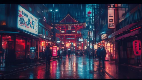 Neon city street glows softly under a calm night rain