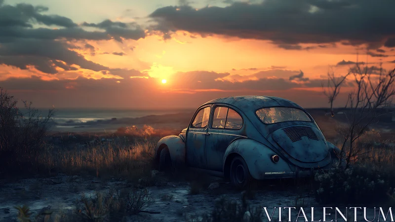 Rusty blue Beetle parked in lonely coastal sunset field.