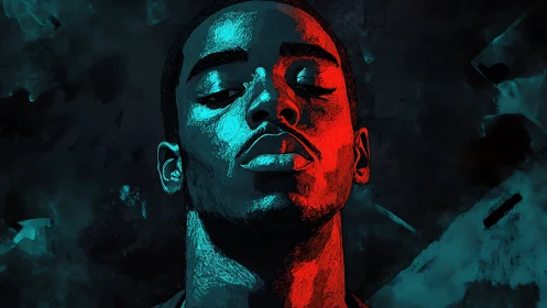 Dual-tone digital portrait with cyan and red lighting effect.