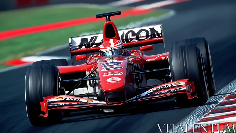 Red Formula race car speeding through track corner.