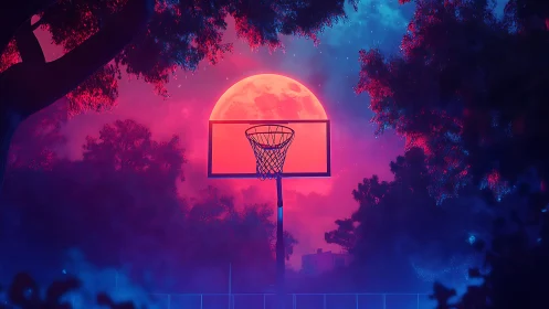 Neon moon rises behind urban basketball hoop in mist