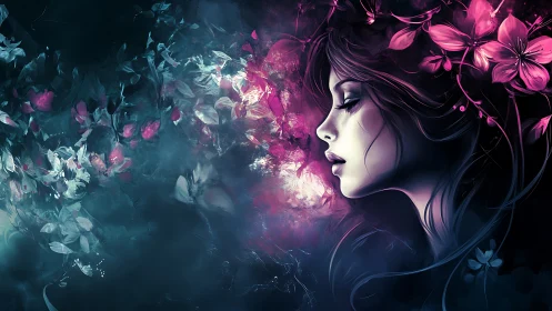 Digital portrait of floral dreamer in glowing twilight bloom.