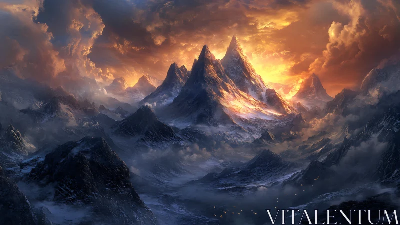 Sunlit icy peaks rise through storm clouds over dark valley