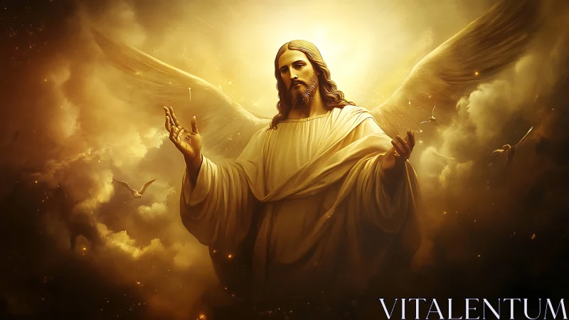 Radiant angelic figure in volumetric celestial light field.