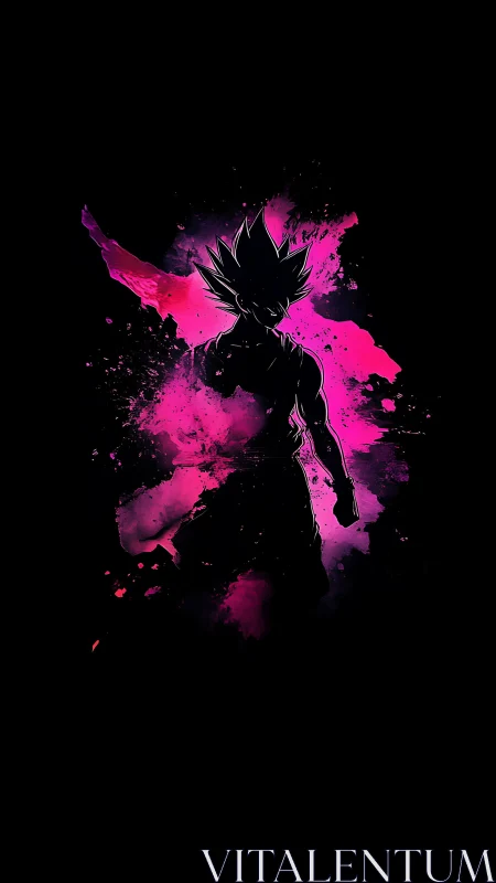 Neon pink ink-splatter silhouette of spiky-haired fighter figure