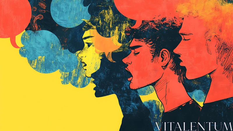 Illustrated side profiles with overlapping speech bubbles.