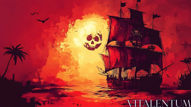 Blood-red pirate galleon sails toward a sinister burning sun
