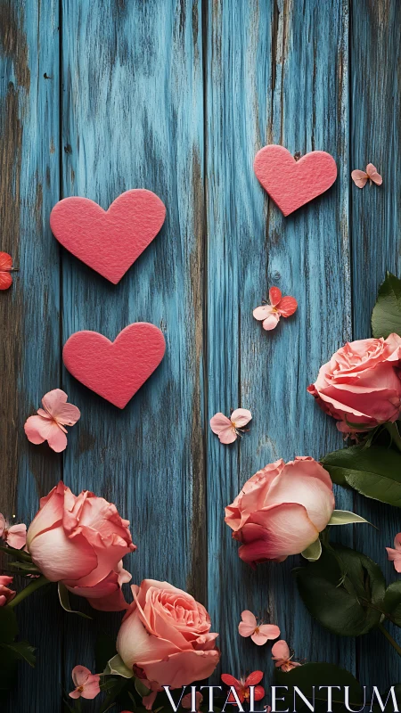 Pink Hearts and Roses on Rustic Blue Wood.