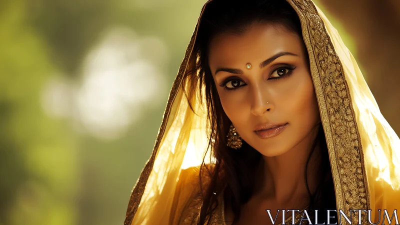 Portrait of woman in golden embroidered dupatta, soft bokeh light