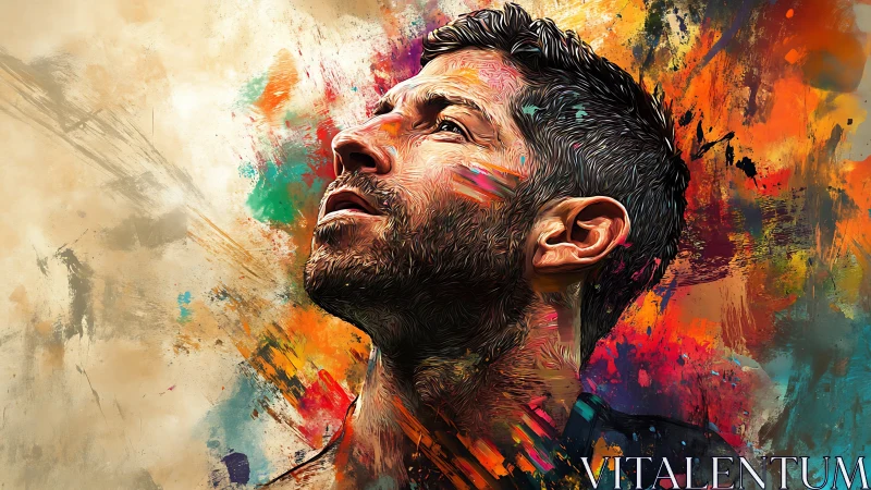 Color-splashed portrait gazes upward in hopeful wonder