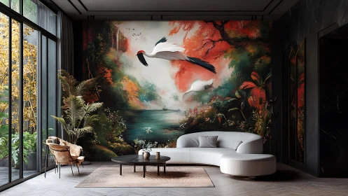 Modern lounge showcases panoramic crane forest mural wall