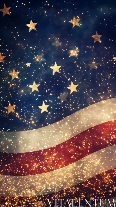 Glittering American flag waves through a night sky of stars