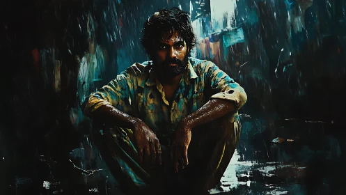 Brooding man in rain-soaked alley, cinematic mood study.