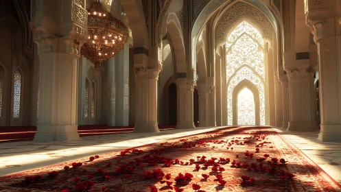 Sunlit ornate mosque interior with carpet and rose petals.