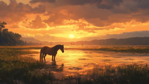 Horse stands in glowing wetland under dramatic sunset sky
