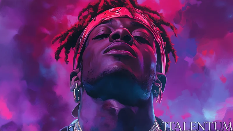 Digital portrait shows man in bandana lit by neon colors