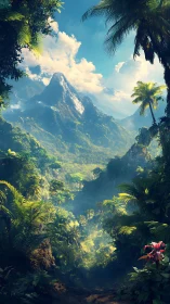 Algorithmically rendered tropical massif under volumetric light.