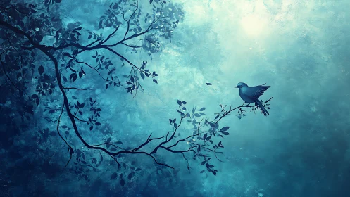 Blue Bird on Branch in Dreamy Digital Art Landscape.