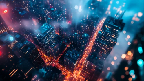 Neon-lit aerial metropolis corridor in cinematic dusk fog.