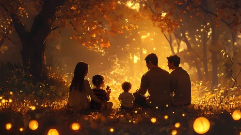 Autumn glow gathers a quiet circle of family and fireflies.