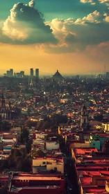 Sunlit Latin American skyline beneath towering stormclouds.