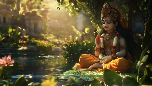 Digital deity figure sits by reflective pond in dense garden