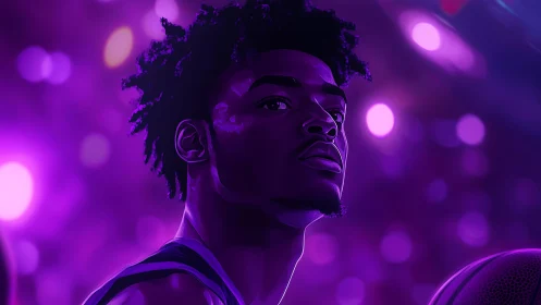 Neon-lit basketball portrait under electric arena glow.