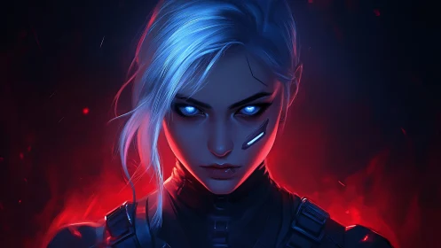 Cybernetic warrior portrait with neon contrast lighting.