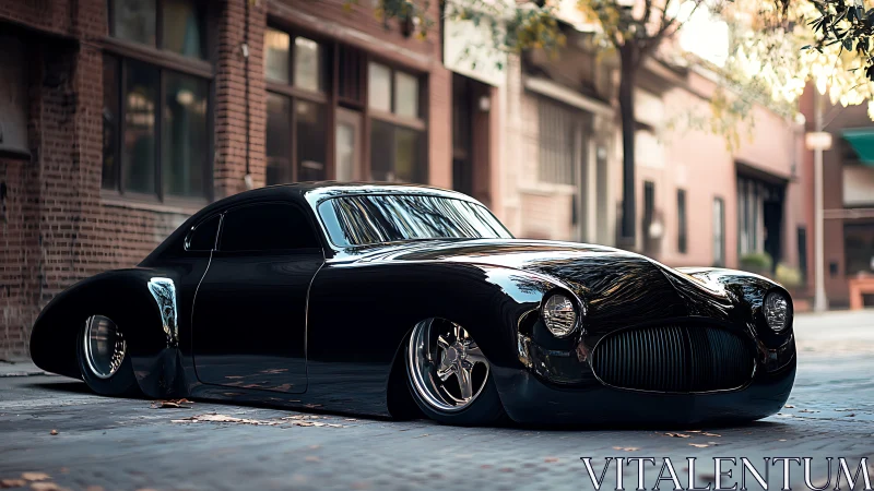 Low-slung black custom coupe glides through soft urban daylight