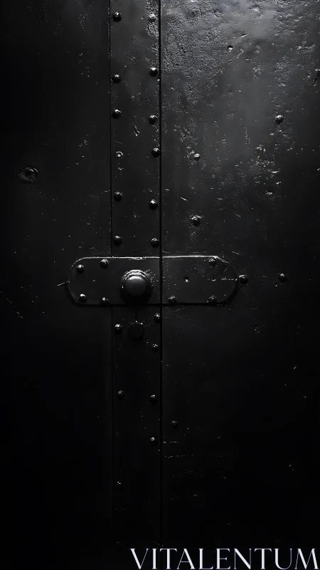 Black steel door surface shows rivets and central latch